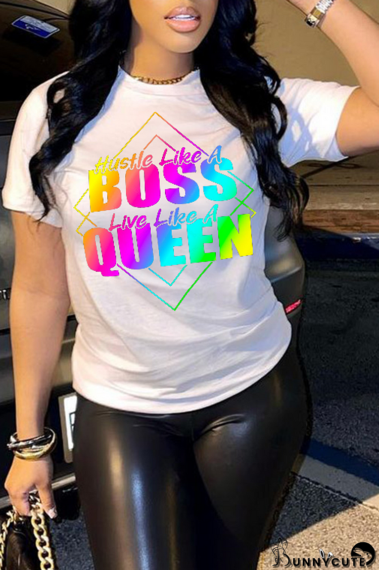 White Fashion Gradual Change Print Letter O Neck T-Shirts