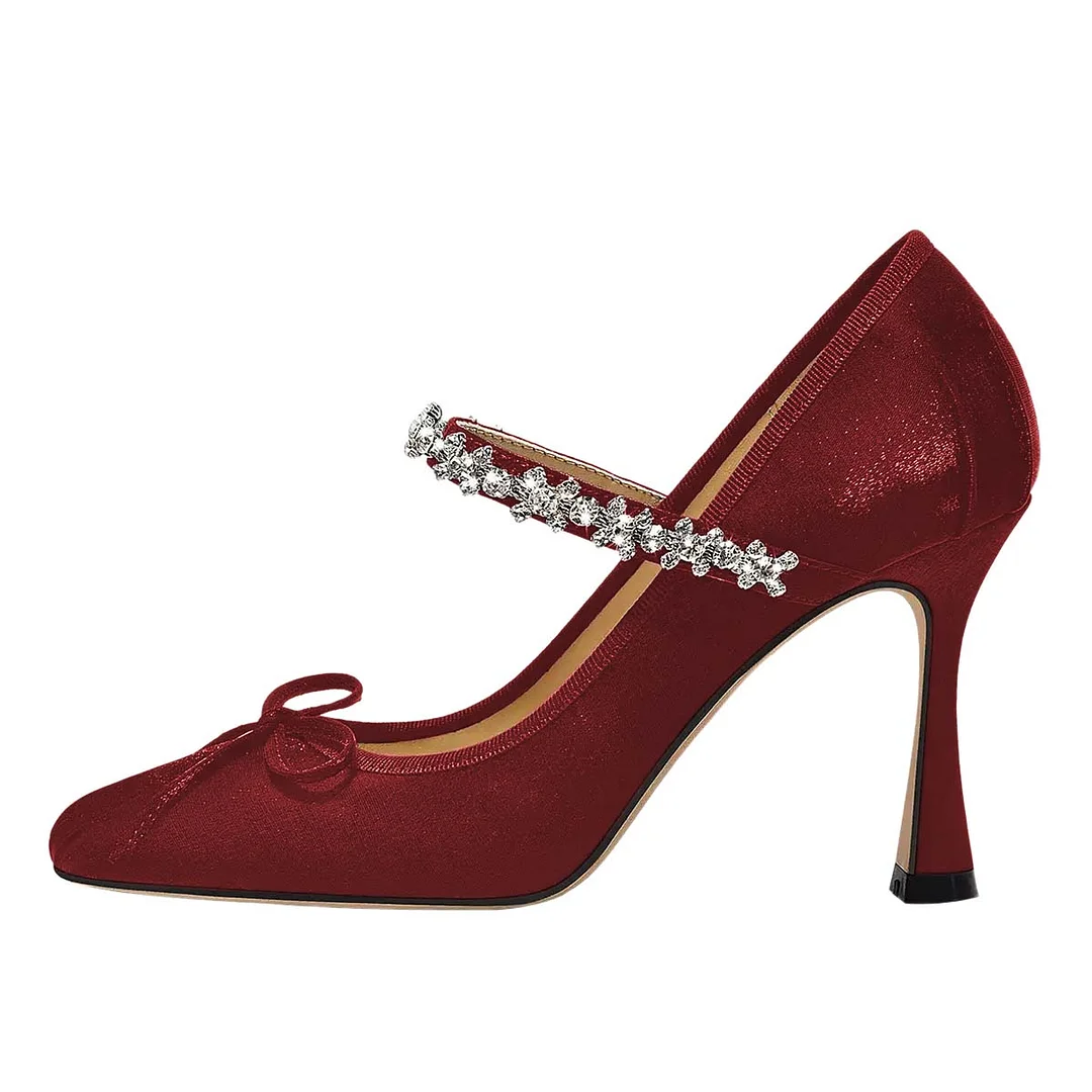 Velvet Rhinestone Square Toe Bow Flared Heel Mary Jane Pumps in Red