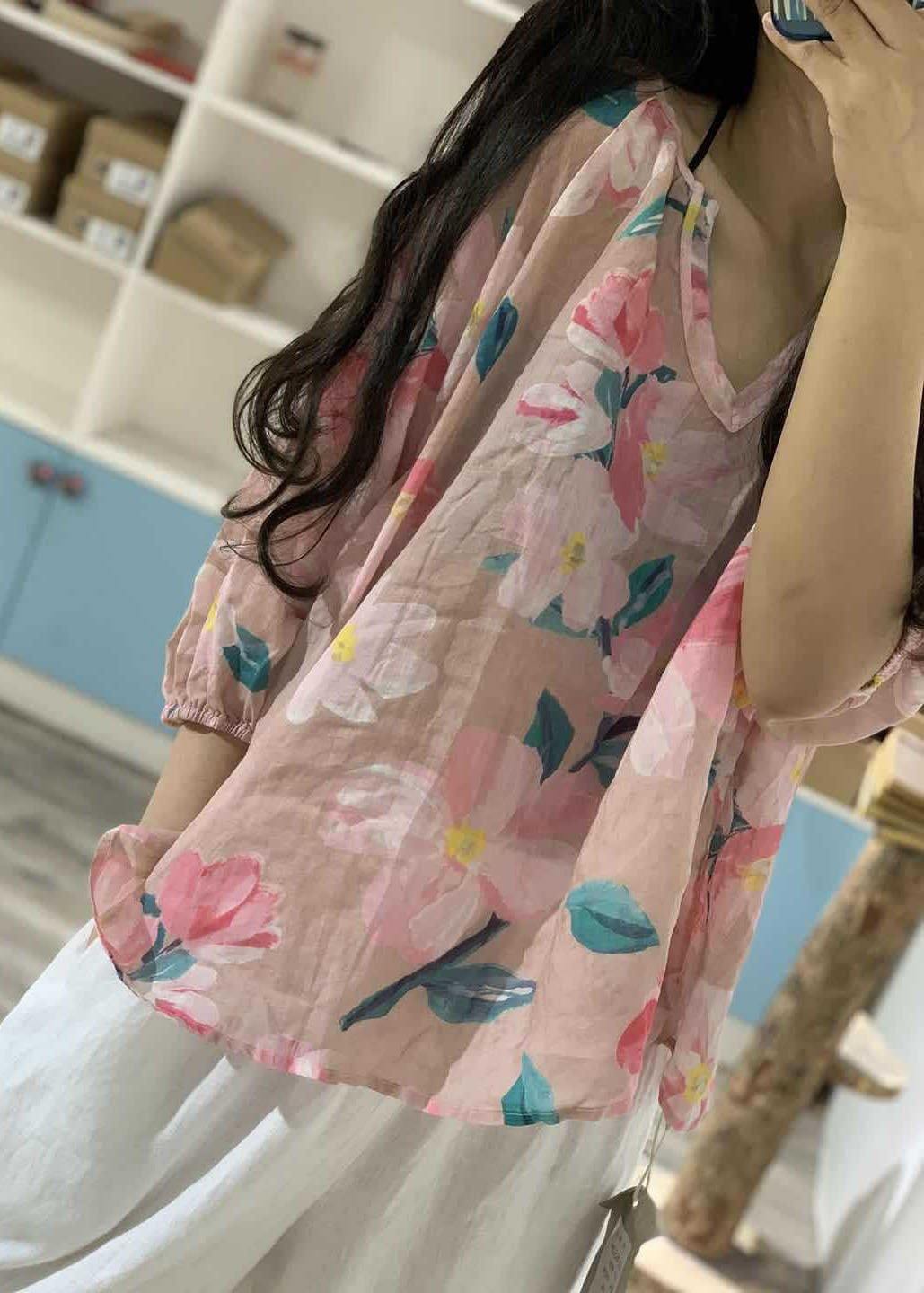 VCSHOES pink prints linen top silhouette v neck silhouette fall shirt