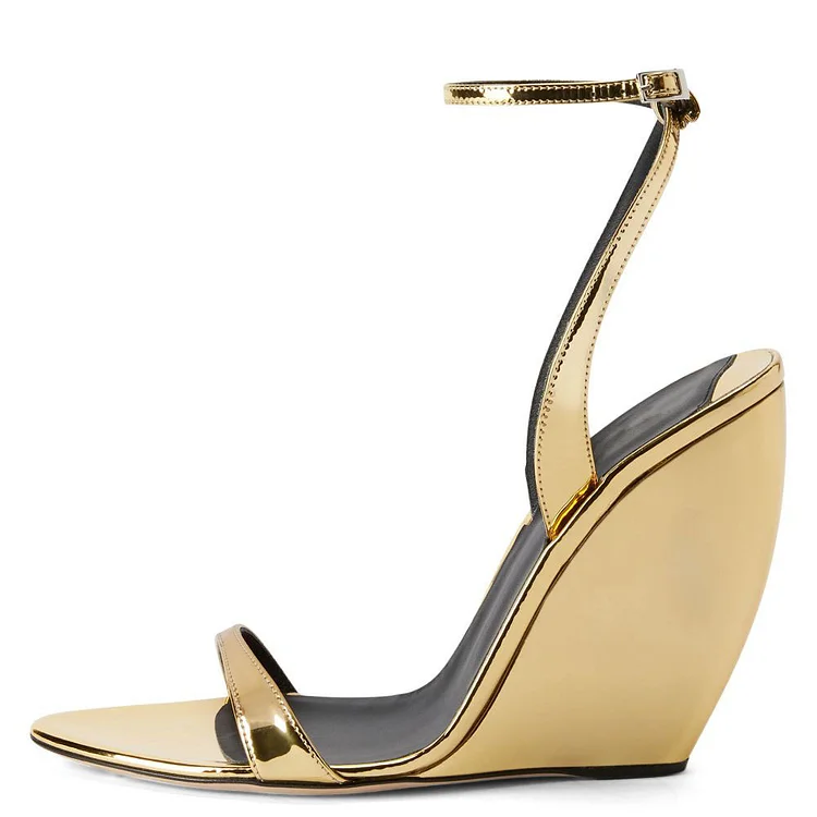 Gold Mirror Leather Ankle Strap Wedge Sandals for Women |FSJ Shoes