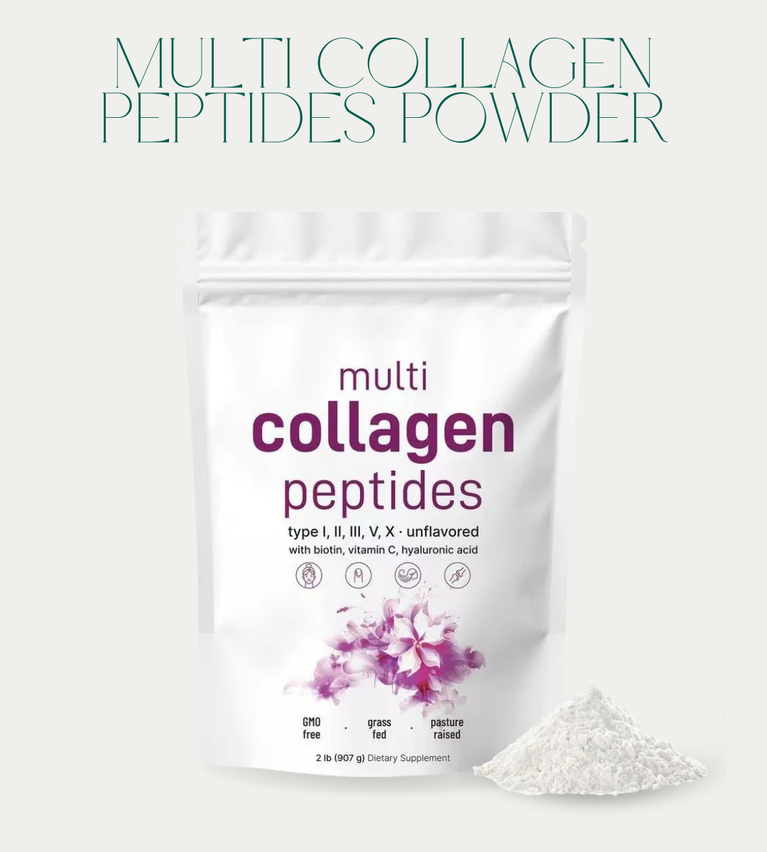 Multi Collagen Peptides Powder - Hydrolyzed Protein Peptides (Type I,II,III,V,X) with Biotin, Vitamin C & Hyaluronic Acid Unflavored