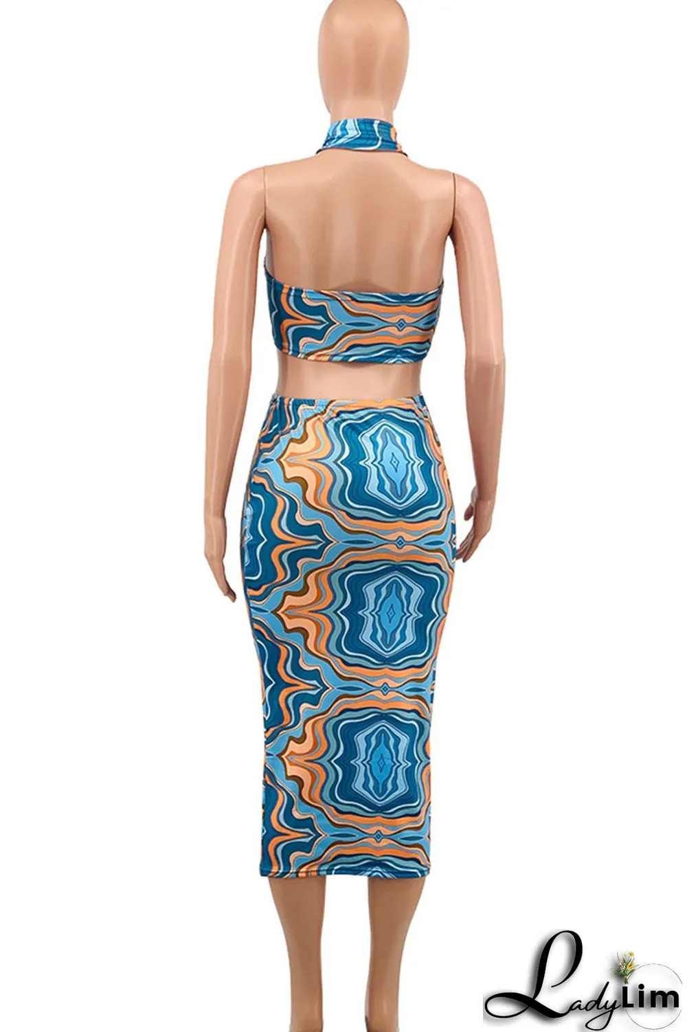 Royal Blue Sexy Print Patchwork Halter Plus Size Two Pieces