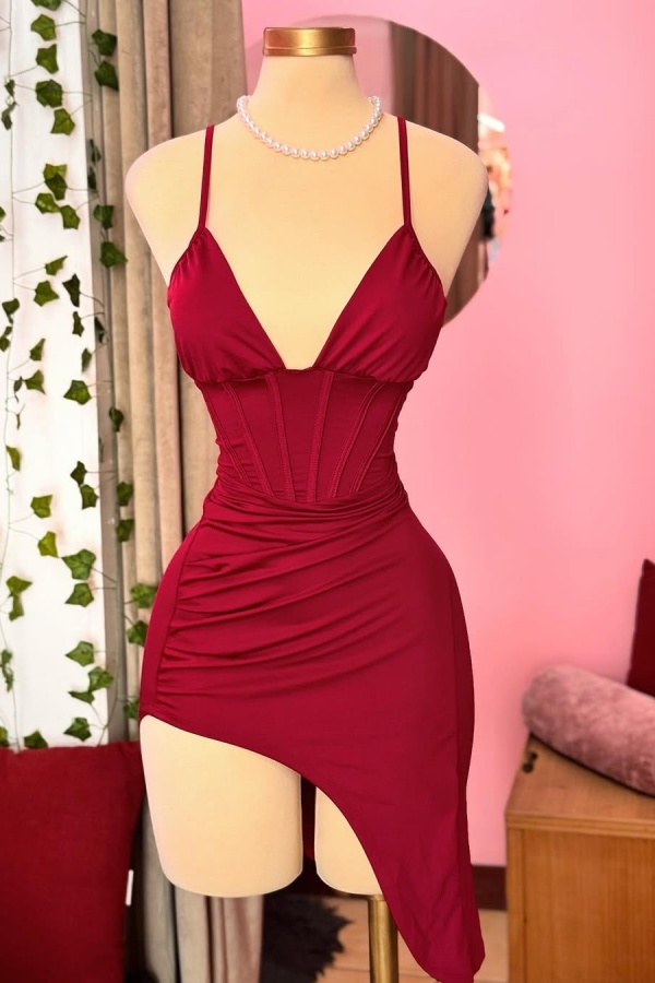 Red V-Neck Spaghetti-Straps Short Prom Dress Sleeveless QL0056