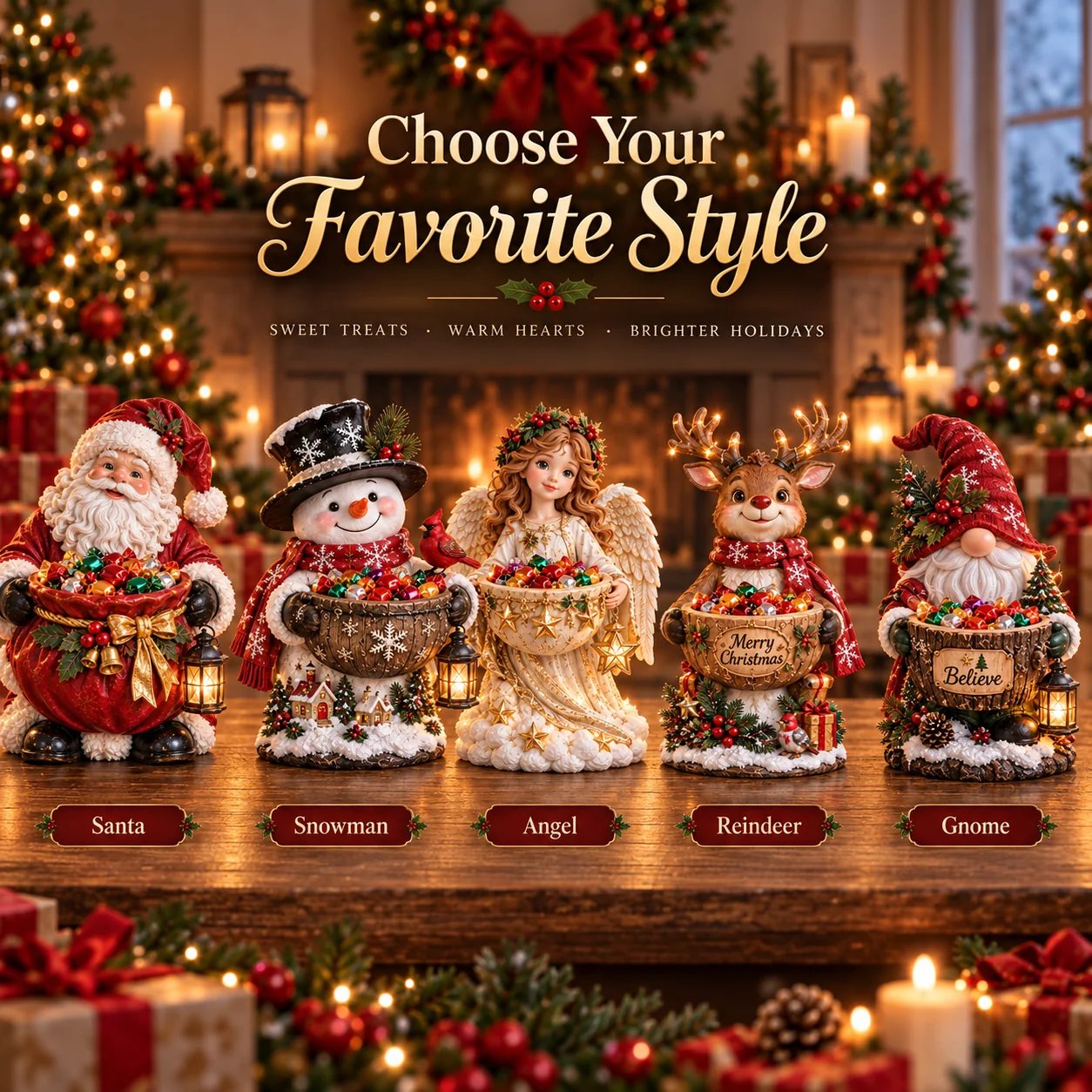 Choose from five Christmas candy bowl styles Choose from five Christmas candy bowl styles