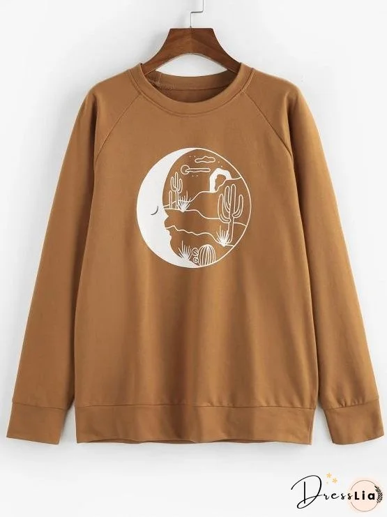 Desert Moon Print Raglan Sleeve Sweatshirt for Women