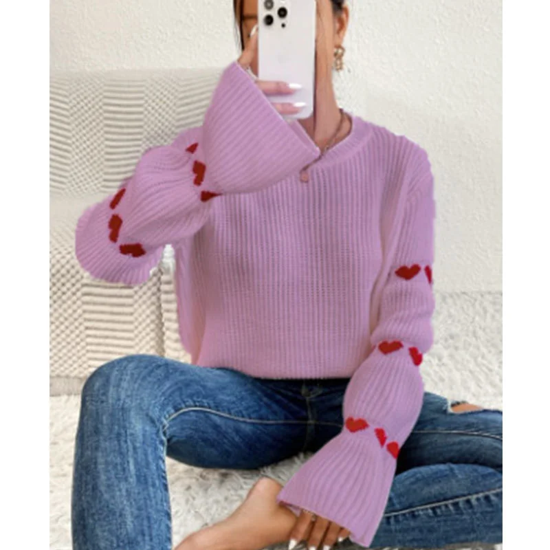 Athvotar Athvotar And Winter Sweater Women's Loose Long-Sleeved Striped Elbow Love Collar Knitted Shirt