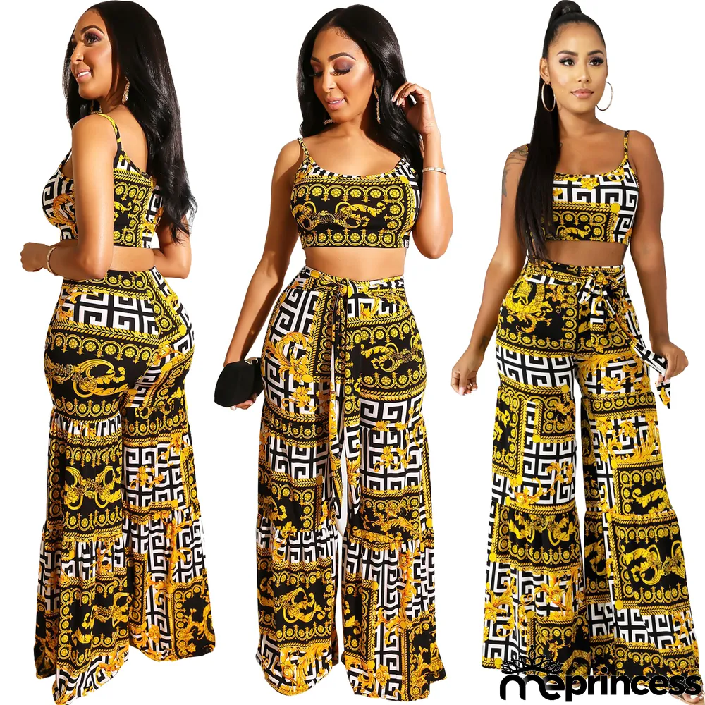 Print Retro Straps Crop Top and High Waist Trousers