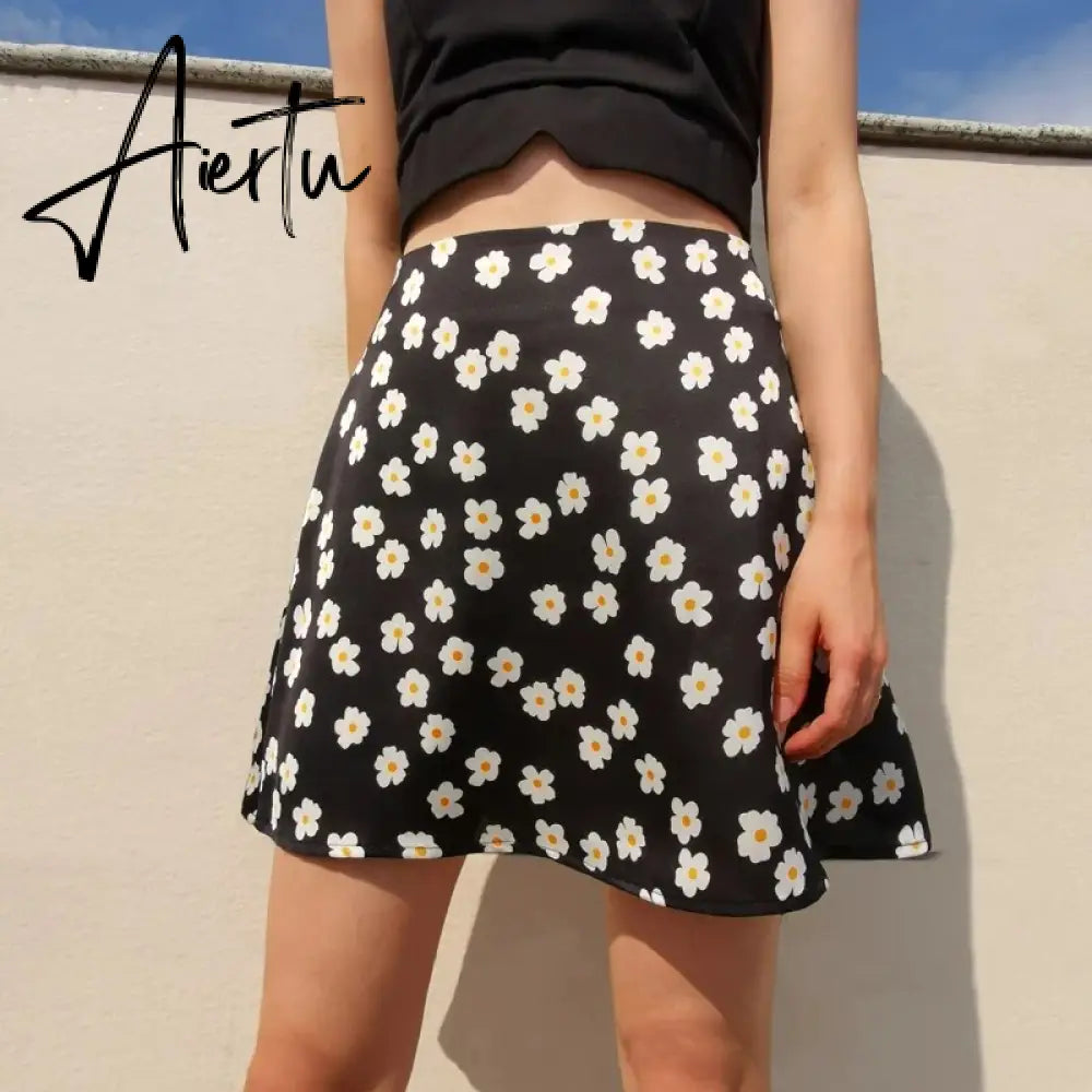 New Y2k Satin Floral Mini Skirts With Shorts High Waist Pink Summer Boho Sweet Style Skirt For Women Harajuku E-girl Aiertu