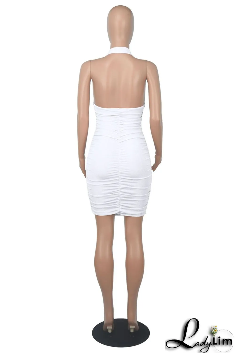 White Fashion Sexy Solid Backless Fold Halter Sleeveless Dress
