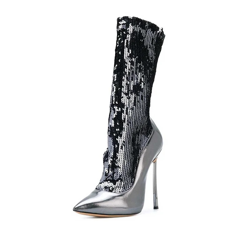 Silver Sequin Boots Metallic Pointy Toe Blade Heel Mid Calf Boots |FSJ Shoes