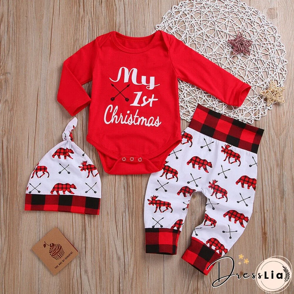 3PCS My 1st Christmas Baby Boy Girl Newborn Xmas Clothes Tops Romper+Long Pants Outfits Age For 0-18 Months