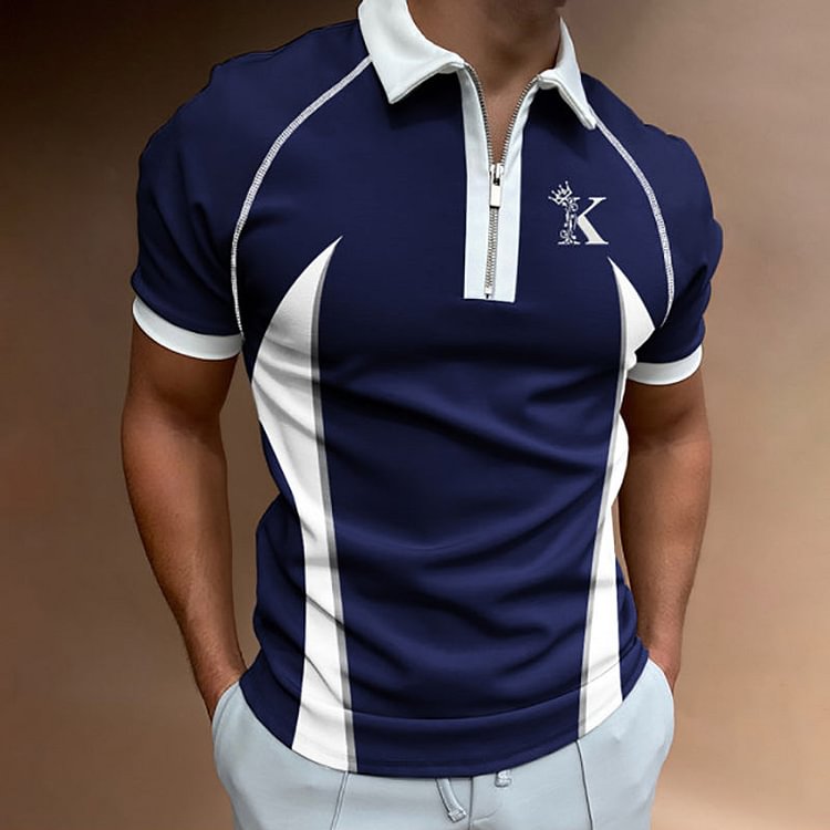 Men's Sports Tops T-shirt King Print Color Matching Short Sleeve Zipper Polo Shirt