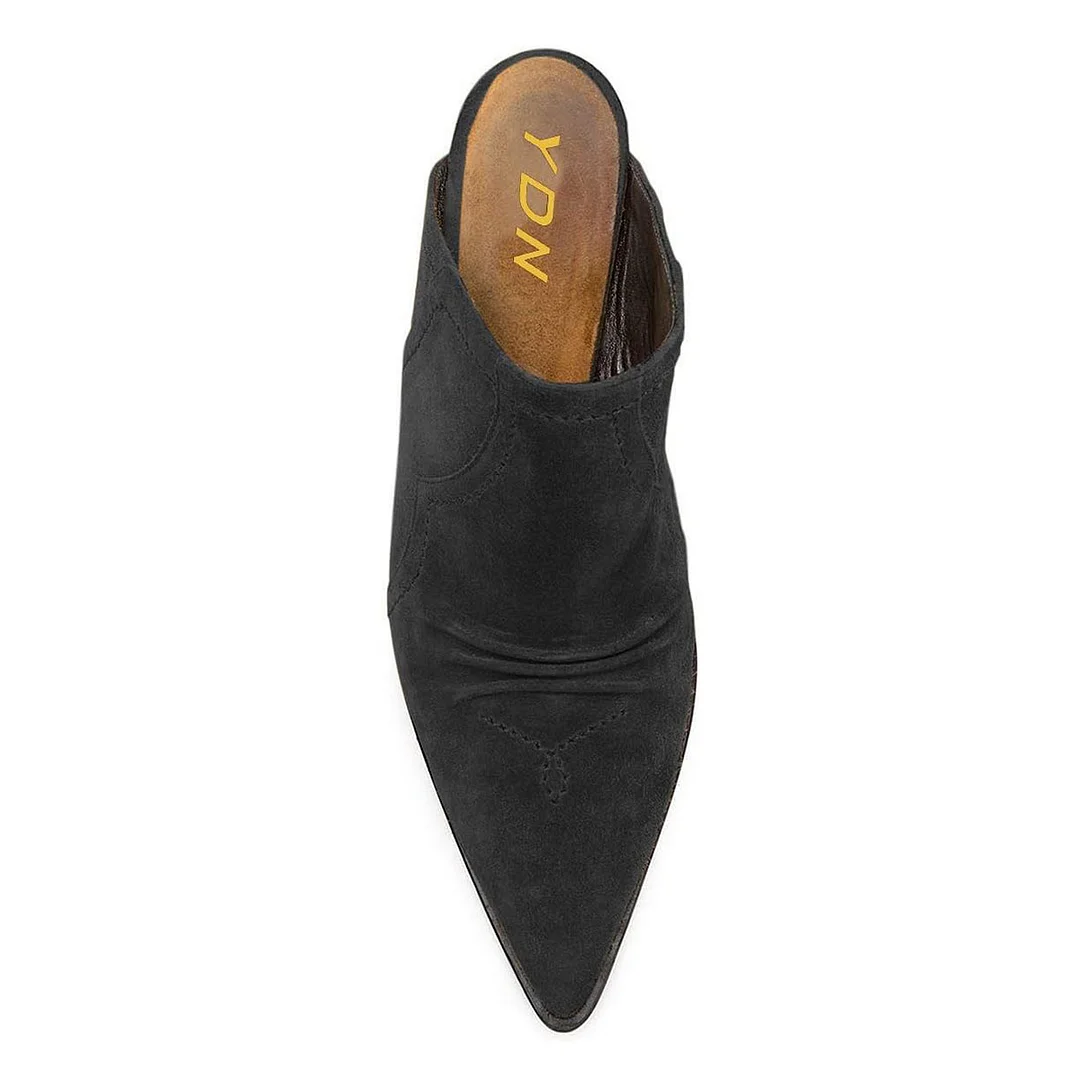 YDN Vegan Suede Kitten Heel Simple Pointy Toe Mules in Black