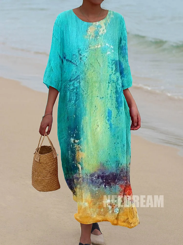 Womens Artistic Color Texture Print Pattern Pocket Cotton Dress