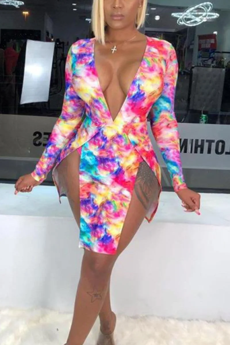 Sexy V-neck Printing Long Sleeve Dress