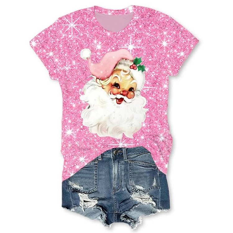 Comstylish Santa Glitter Print Short Sleeve T-Shirt
