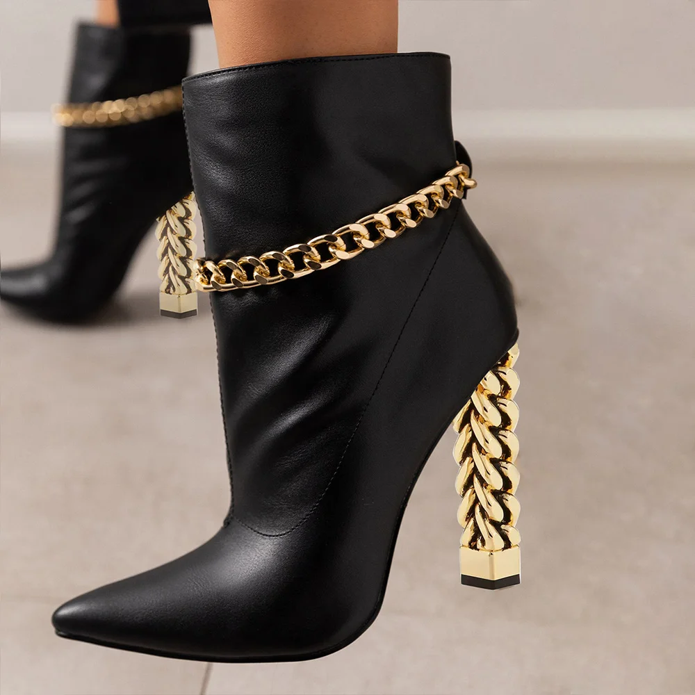 Black Pointed Toe Decorative Heel Ankle Boots with Gold Chain Nicepairs