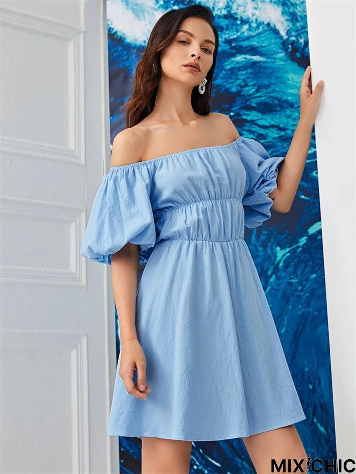 Sky Blue Dress Casual One Line Collar Dress Ins Style