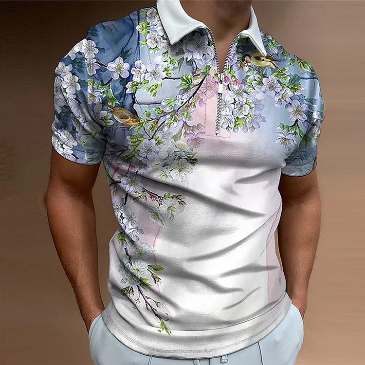 BrosWear Men'S Watercolor Plum Print Polo Shirt