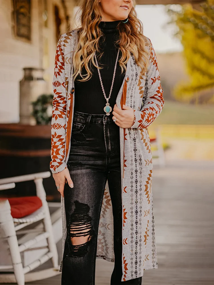 Women's Tribal Aztec Print Open Frong Long Cardigan