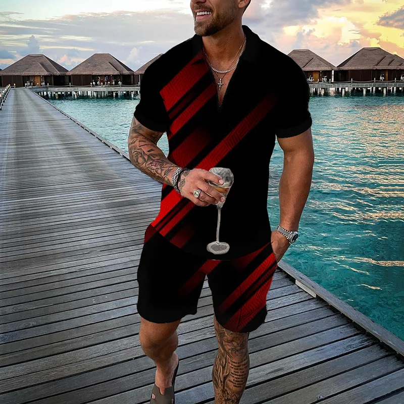 Men's Geometric Gradient Pattern Short Sleeved Polo Shirt And Short Co-Ord