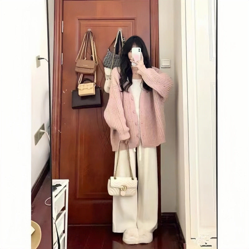 Aiertu fall outfits women Autumn and Winter Creamy-white Lazy Style Sweater Wide Leg Pants High-Grade Three-Piece Suit aiertu