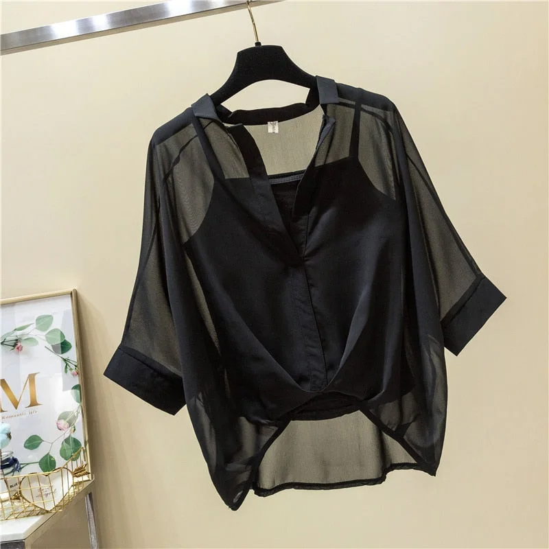 Thin chiffon bat shirt camisole two-piece female large size 2021 summer Korean fashion loose V-neck blouse with sling set