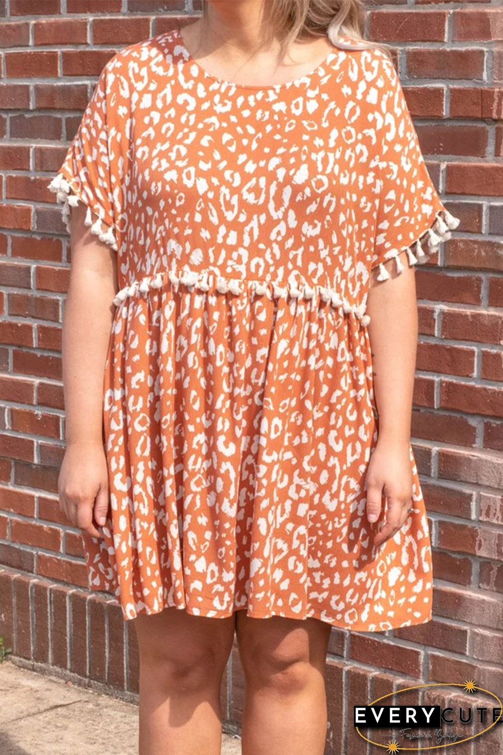 Orange Printed Tasseled Plus Size Swing Mini Dress