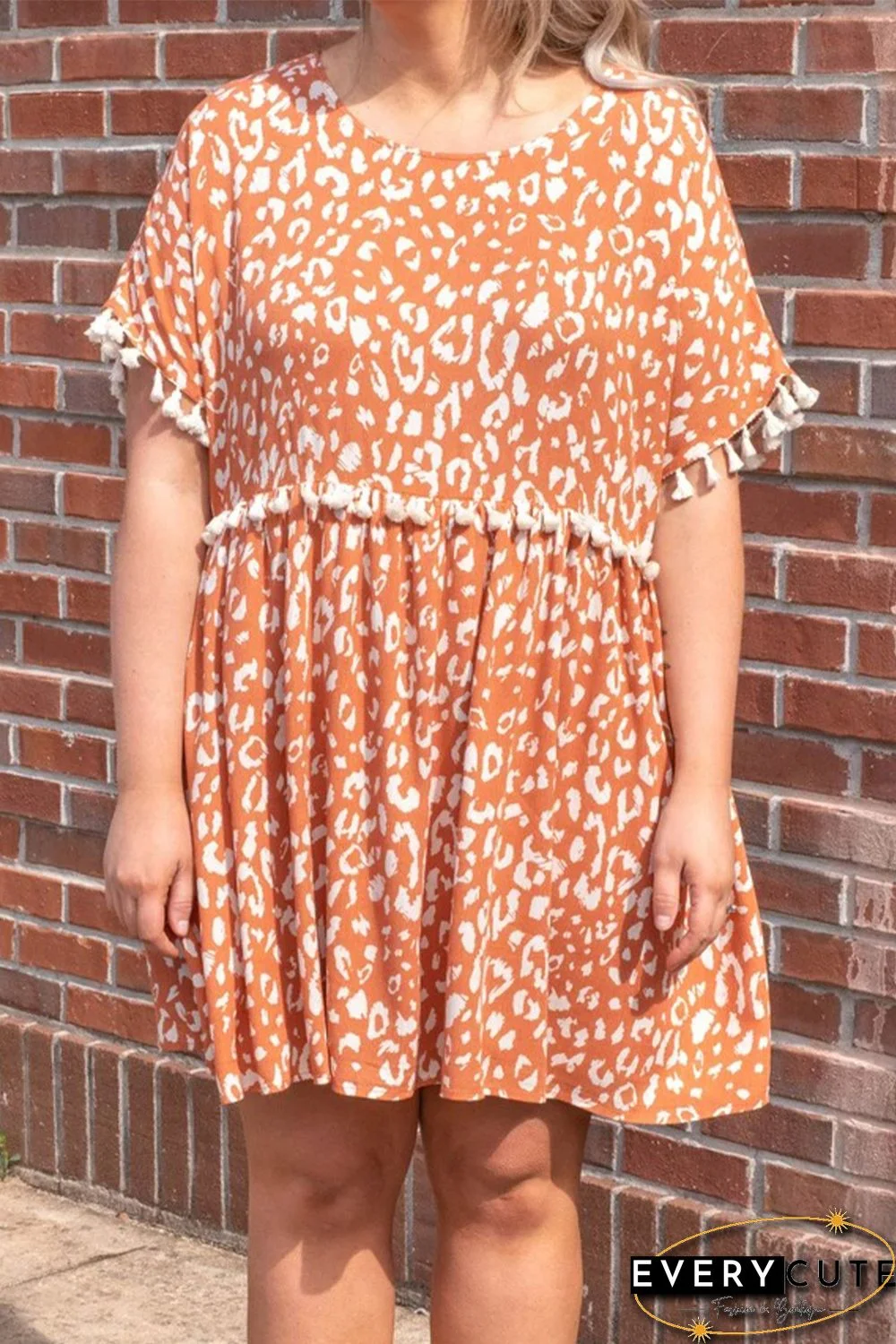 Orange Printed Tasseled Plus Size Swing Mini Dress