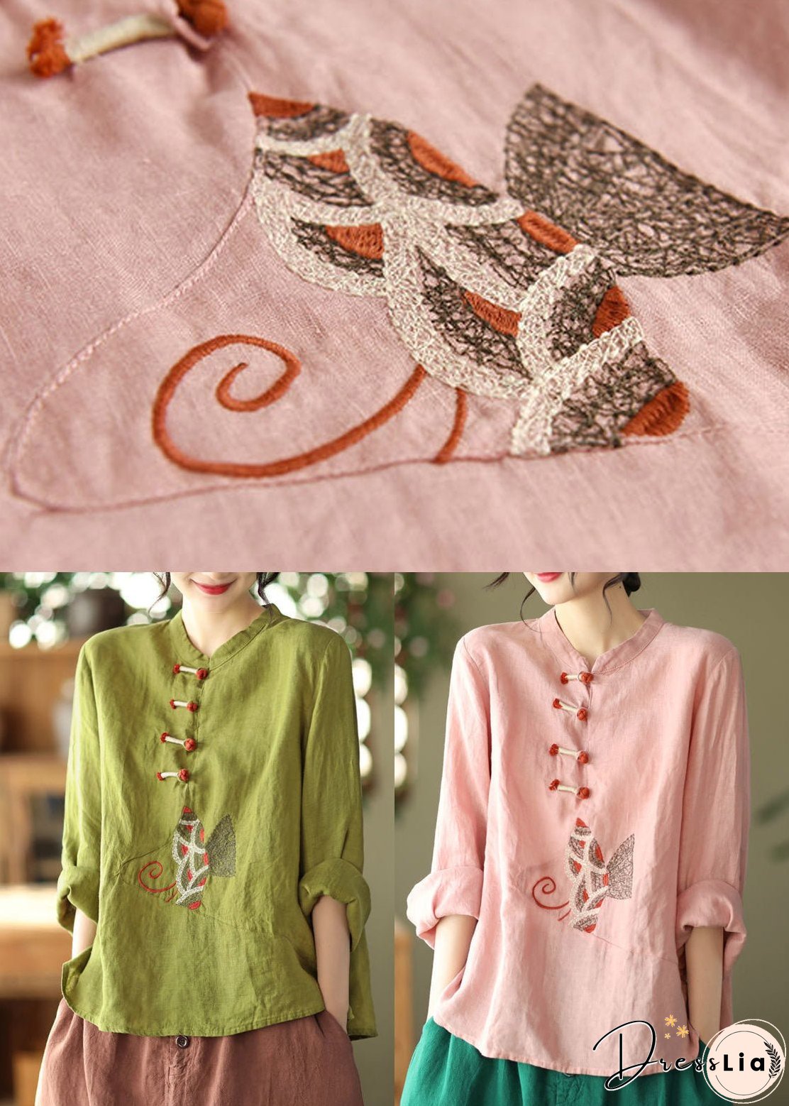 Plus Size Pink O-Neck Embroideried Linen Top Long Sleeve