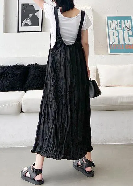 Style black cotton quilting dresses Spaghetti Strap Cinched long summer Dress