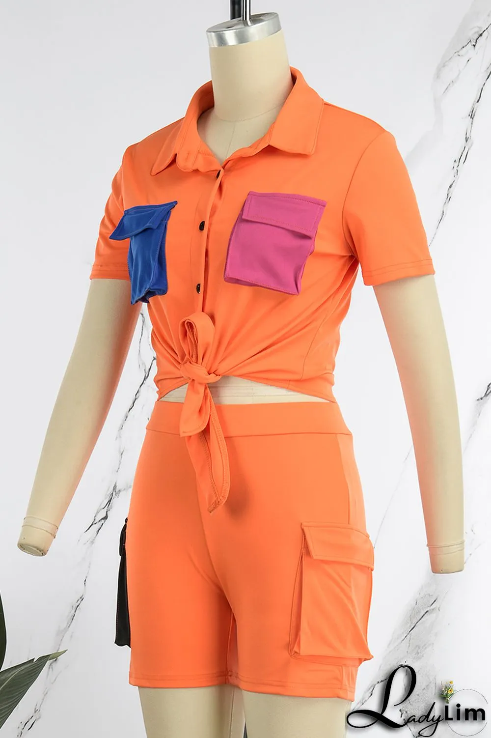 Blue Casual Solid Patchwork Contrast Shirt Collar Short Sleeve Two Pieces