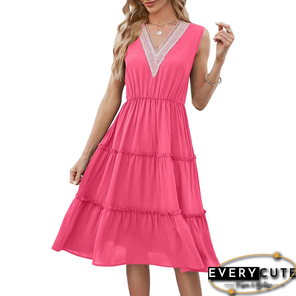 Rose Lace V Neck Tiered Sleeveless Casual Dress