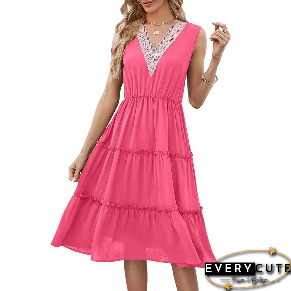 Rose Lace V Neck Tiered Sleeveless Casual Dress