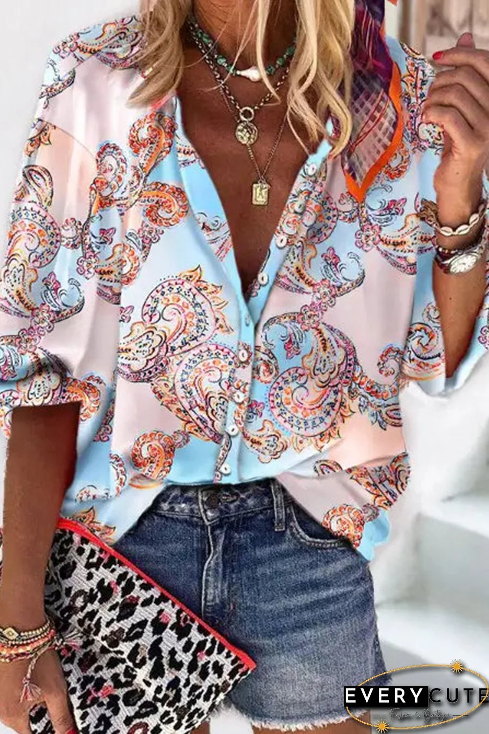 Sky Blue Boho Paisley Print Lantern Sleeve Button-Down Shirt