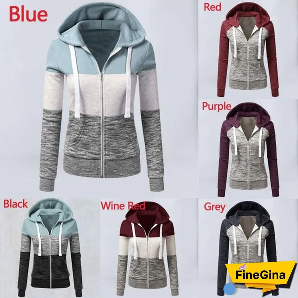 Women Spring/Autumn Casual Long Sleeve Sweatshirts Colorful Patchwork Thin Zip-Up Hoodie Jacket for Drawstring Hoodies S-5XL
