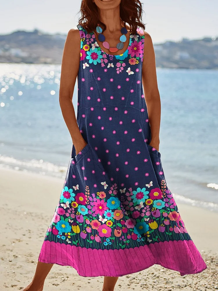Women's Floral  Art Print Casual Linen Dress