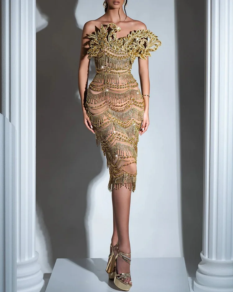 Women's Bandeau Sequined Tassel Dress