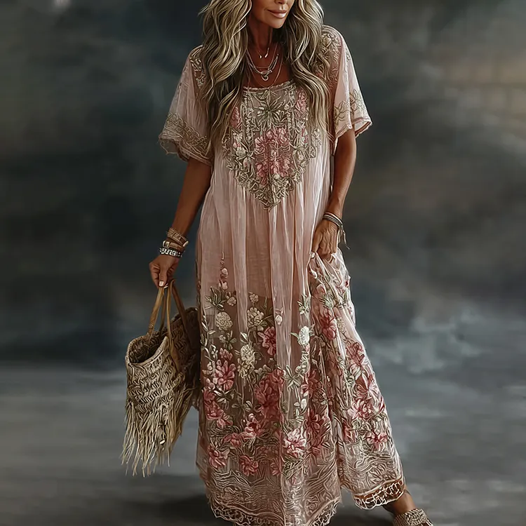 Women's Floral Art Print Flowy Linen Blend Casual Short Sleeve Maxi Dress