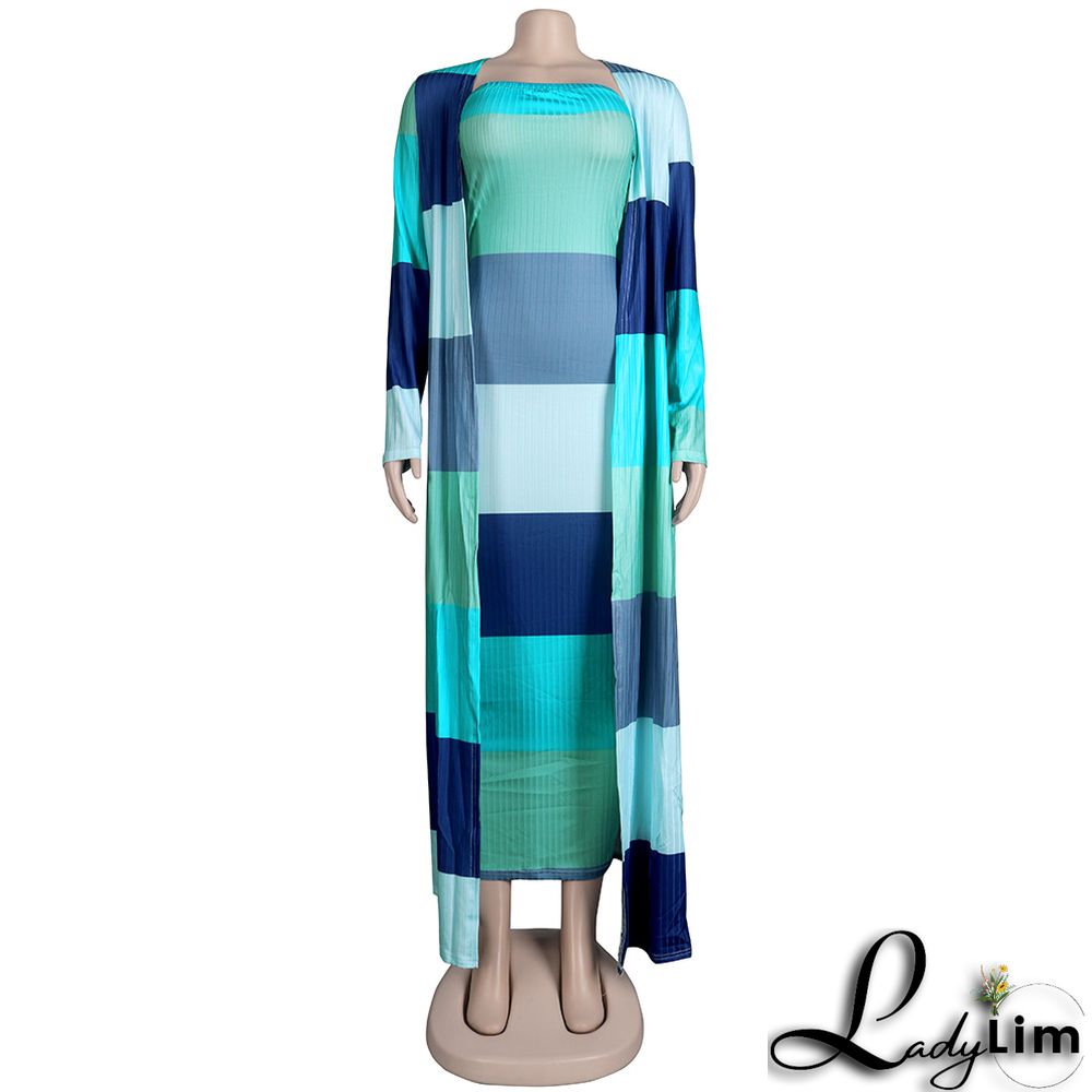 Plus Size Women Ribbed Print Colorblock Dress + Long Coat