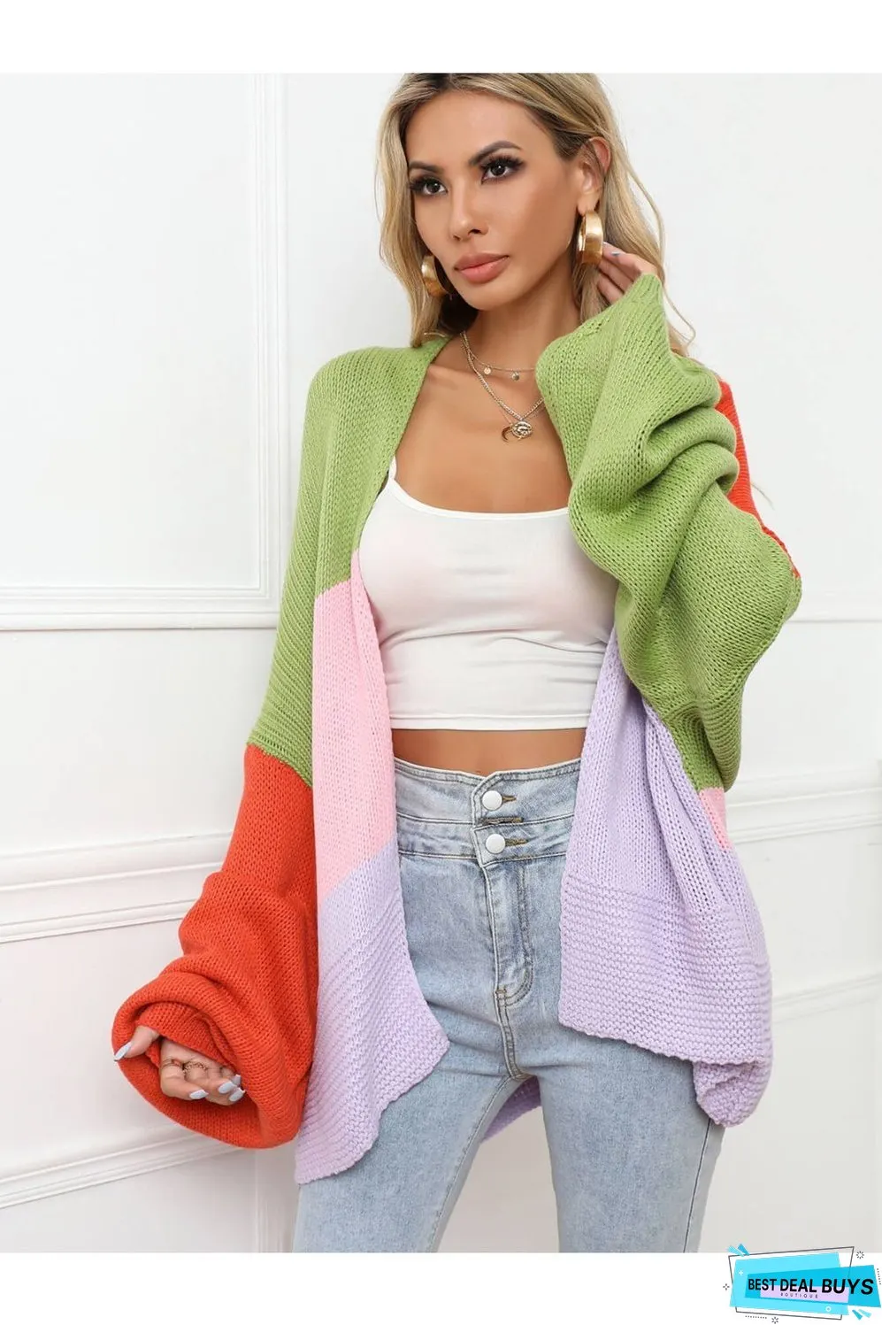 Color Block Open Front Balloon Sleeve Longline Cardigan