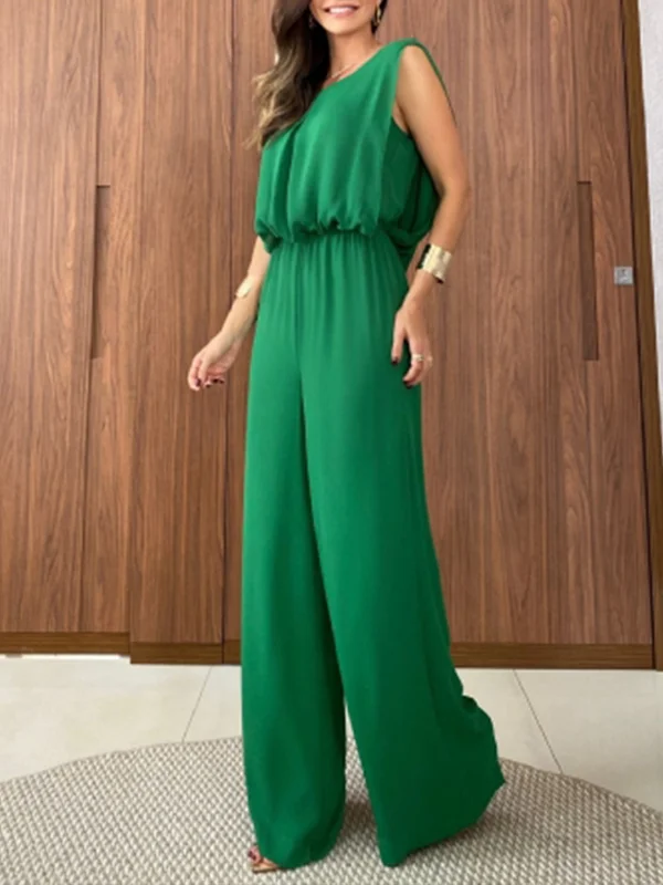 Solid Color Empire Sleeveless Round-Neck Jumpsuits