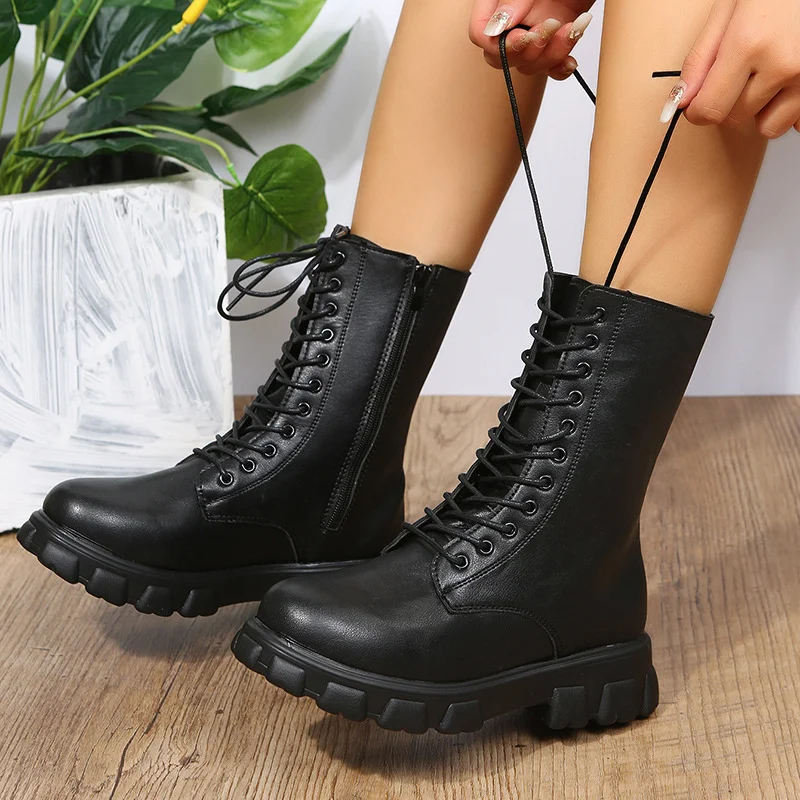 Breakj Breakj Women's Boots 2025 Autumn And Winter New Round Head Tie With Thick And Low And Low And Martin Boots Women's Locomotive Short Boots