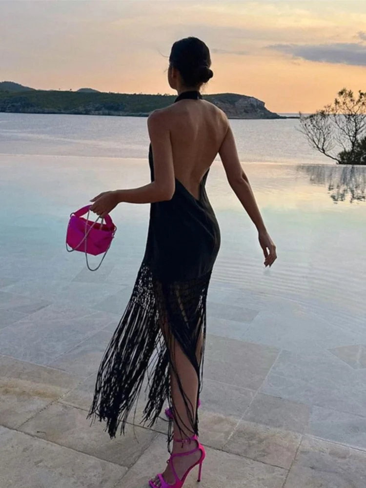 Huibahe Solid Tassel Women's Maxi Dress Sexy Cross Hanging Neck Open Back Sleeveless Robes 2023 Summer Lady Party Chic Vestidos
