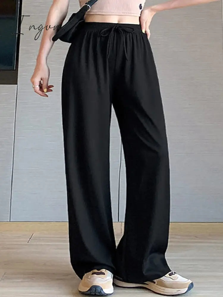 Ingvn - Women’s Wide Leg Chinos Pants Trousers Black Pink Beige Streetwear Lightweight Casual