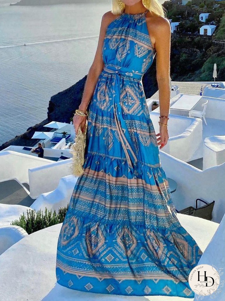 Dresses Vintage Print Halter Belted Dress for Women