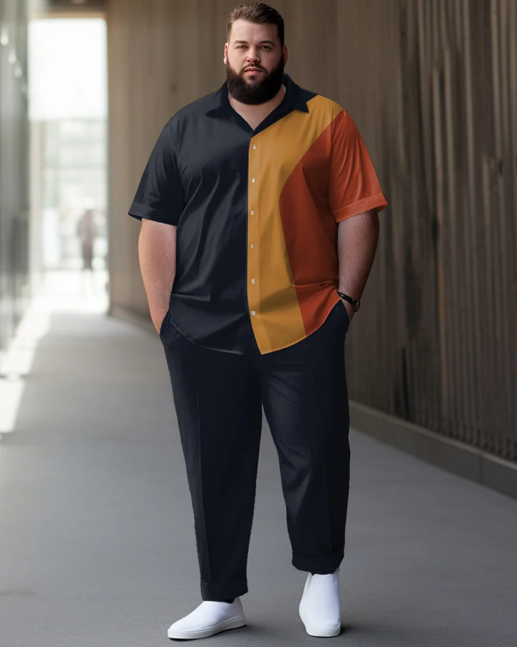 Men's Large Size Simple Irregular Color Matching Short Sleeve Shirt Shorts Suit