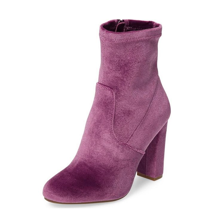 Women's Purple Chunky Heel Boots Velvet Round Toe Ankle Boots |FSJ Shoes