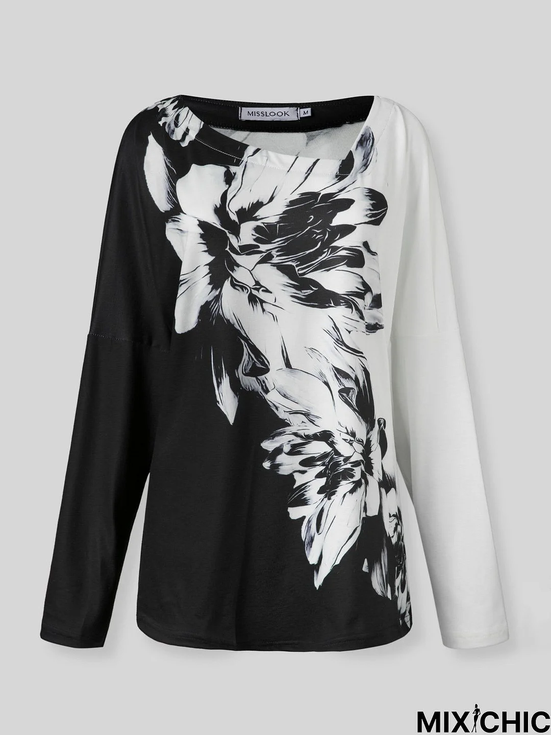 Vintage Color Block Floral Printed V-Neck Long Sleeve Casual T-shirt