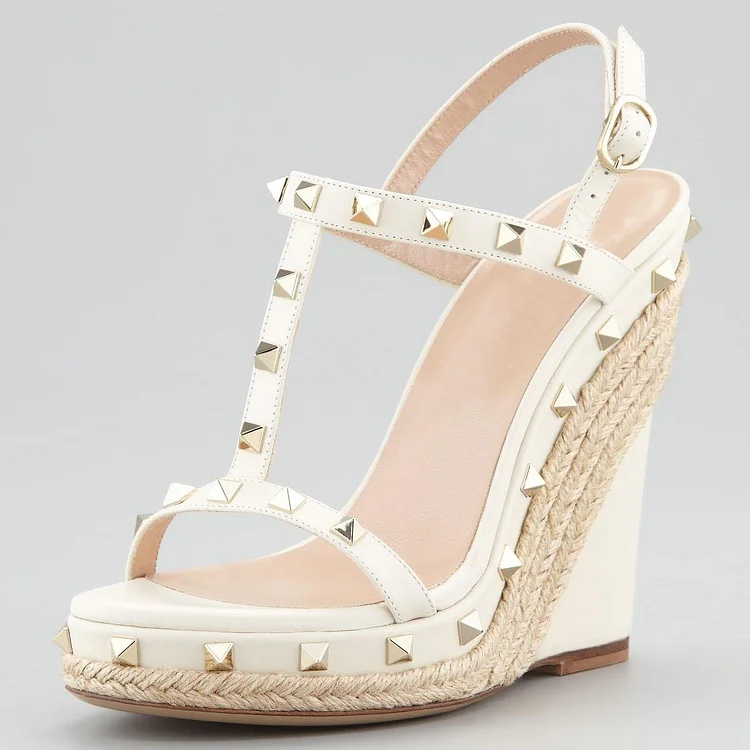 White Studs Platform Wedge Sandals |FSJ Shoes